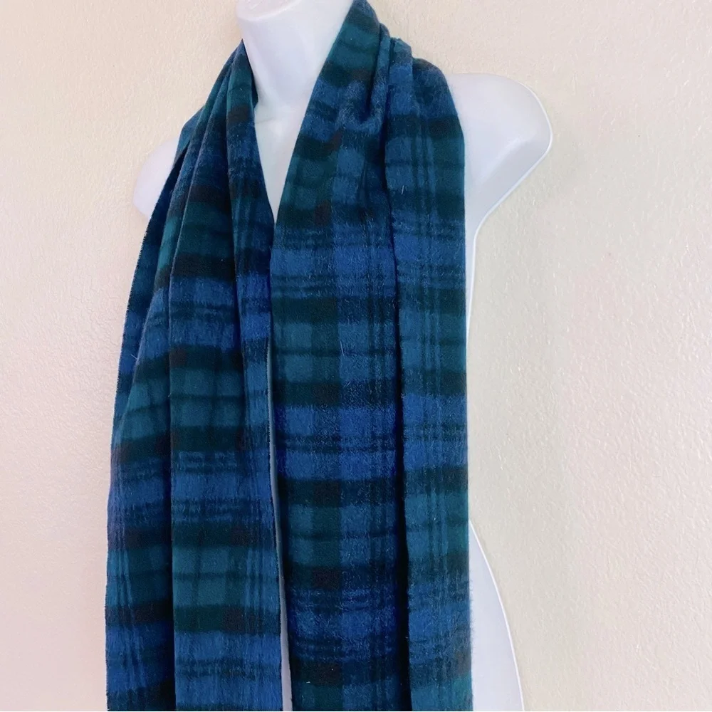 Lochmere Cashmere Navy/Green Tartan Plaid Scarf 12” x 59”